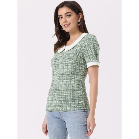 Tweed Top Button Decor Peter Pan Collar Blouse Green - Picture 3 of 4